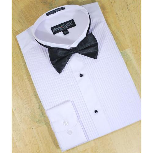 Daniel Ellissa White Cotton Blend Tuxedo Dress Shirt With Black Bow Tie